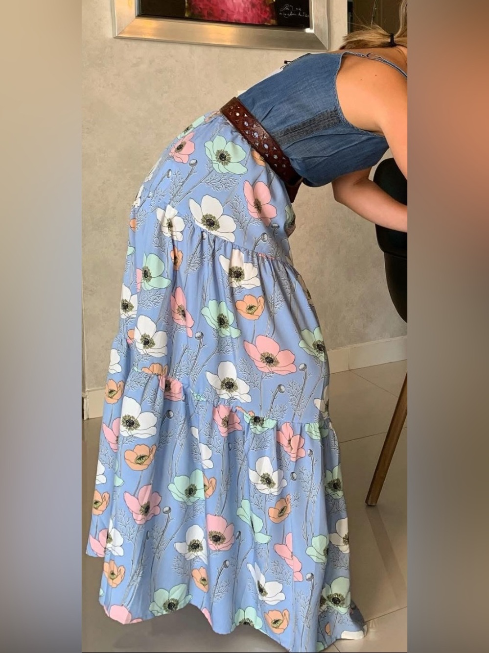 Molly Bracken Blossom Blue Magnolias Tiered Maxi Skirt Cottagecore Sz. M / NWT